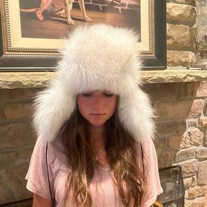 Handmade crystal fox hat. Italian leather. lined with fox on the inside.